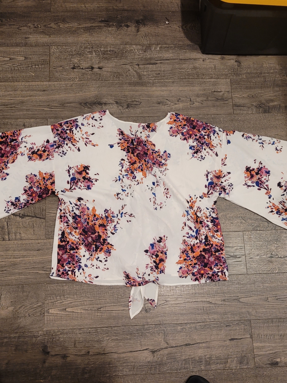 Floral Kimono Style Tie-Front V Neck Blouse in White with Purple & Orange Print